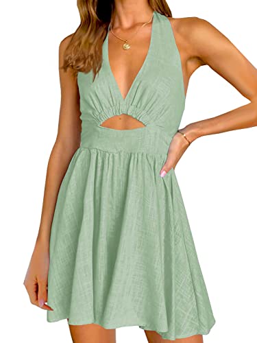 Inorin Womens Summer Sleeveless Halter V Neck Backless Cut Out Sexy Casual Party Swing Flared Mini Dress