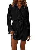 LYANER Women's Collar V Neck Button Down Pleated Long Sleeve Mini Shirt Dress with Belt Black Large