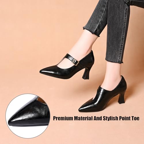 Women's Pu Kitten Heel T-Strap Pumps with Adjust Buckle Vintage Pointed Toe Mid Skinny Heel Dress Mary Janes for Work Office Party Daily3