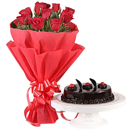 Fnp Chocolate Truffle Cake and Red Roses Bouquet-image-15