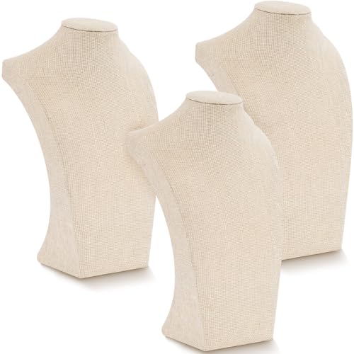 Kigley 3 Pcs Linen Jewelry Display Bust Necklace Display Stand Necklace Mannequin Holder for Jewelry Selling Trade Shows(Beige 11.42 x 6.89 Inch)