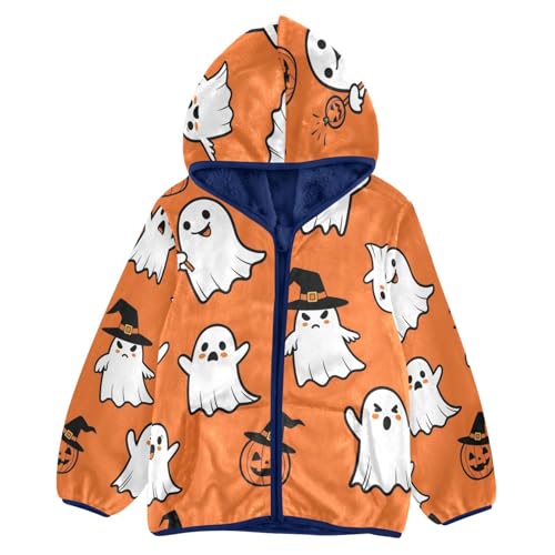 Halloween Ghosts on Orange_1 Toddler Fleece Jacket Girl Boys Hooded Fleece Jacket Coat Warm Outwear Zip-up 3-10T