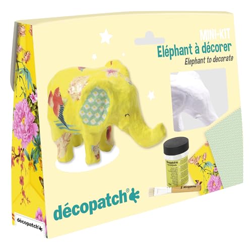 Décopatch KIT029C - Un mini-kit comprenant un animal en papier pulpé blanc, 2 feuilles Décopatch, un pinceau et un pot de vernis colle, EL ÉPHANT