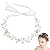 CATZUM Diadema de Flores Blanca con Perlas y Detalles Hechos a Mano, 92 cm de Largo Total, Accesorio Elegante para Novias, Niñas de Comunión y Damas de Honor en Bodas y Eventos Especiales