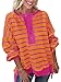 Tankaneo Womens Oversized Striped Sweatshirts Henley Shirts Color Block Casual Pullover Waffle Knit Tops Orange