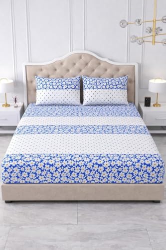 Image of 300 TC Cotton Feel Glace Cotton Elastic Fitted Bedsheet for King Size Double Bed | Fits up to 8 Inch Mattress | Printed Bedsheet with 2 Pillow Covers (White Lily, Queen Size - 60 inchx78 inch)