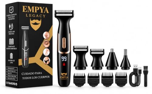 EMPYA LEGACY Recortadora Corporal Hombre 4 en 1, Afeitadora Corporal y Barba, Cortapelos Nariz y Orejas, Pantalla LED, Carga USB, Hasta 70 Min de Autonomía, Cabezales Lavables