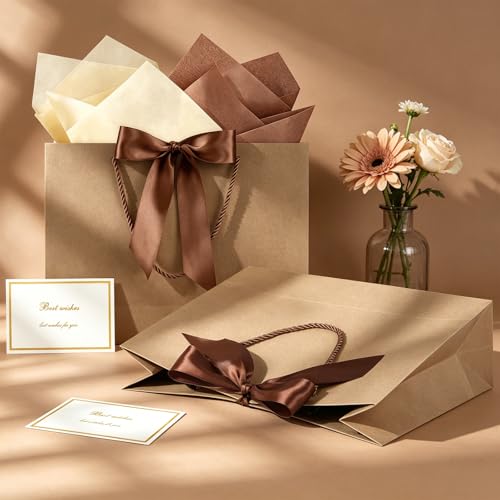 Image of JMANNI Gift Bags with Handles, 13 inch Medium Gift Bag for Presents, 8 Pcs Bags with 16 Tissue Paper and 8 Cards for Baby Shower Wedding Bridal Shower Mother's Day Birthday Party (brown