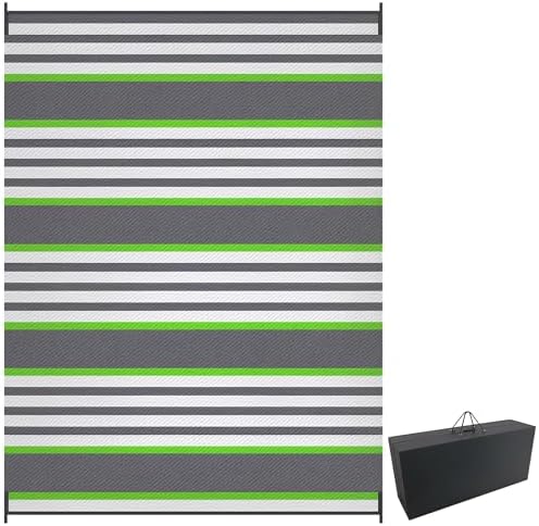 Outsunny Reversible Outdoor Rug, 9' x 12' Waterproof Plastic Straw Floor Mat, Portable RV Camping Carpet, Large Floor Mat for Backyard, Deck, Picnic, Beach, Green & Gray Stripes