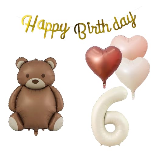 6歳 誕生日 バルーン 風船 飾り付け セット 数字バルーン 6 チョコレート熊 HAPPY BIRTHDAYガーランド ハート風船 バースデーバルーン 装飾 キッズバースデーキット お祝い 写真背景 インスタ映え 子供 男の子 女の子 カワイイ