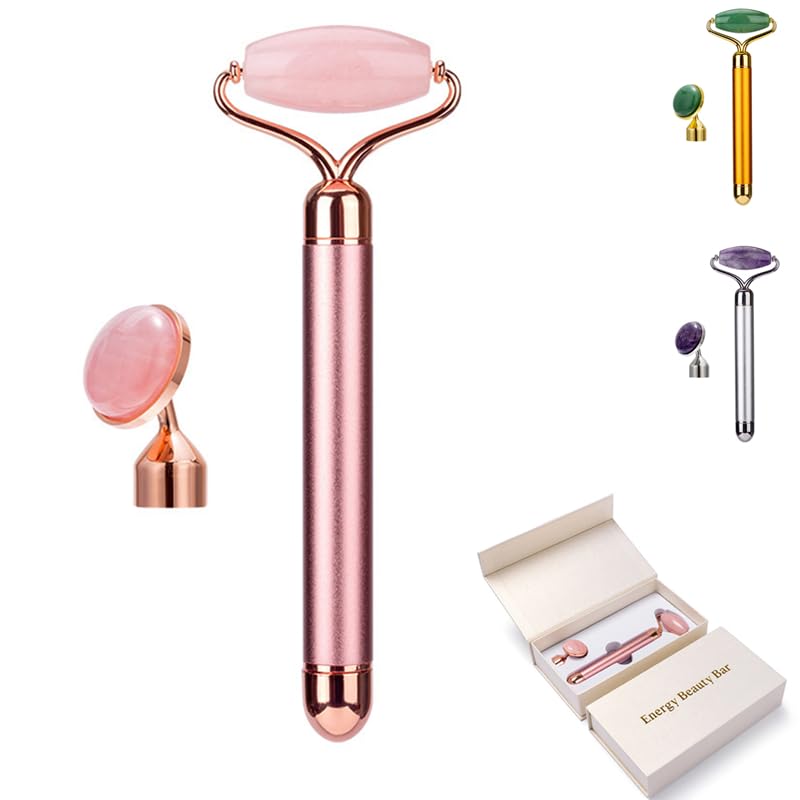 Strumento for Massaggio di Bellezza con Rullo di Giada Vibrante Elettrico 2 in 1 al Quarzo Rosa for Lifting facciale in Pietra di Giada di Cristallo (Color : Pink-No Box)