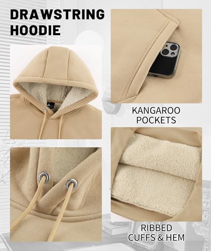 ZITY Mens' Winter Hooded Sweatshirt Sherpa Fleece Lined Hoodies Heavy Warm Thick Athletic Pullover with Kangaroo Pocket Light Brown — view 6