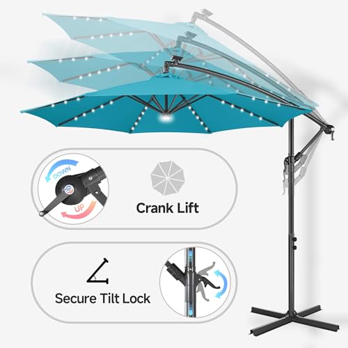 Image of Solar Offset Patio Umbrella - 10 FT Solar Cantilever Umbrella Outdoor with 40 LED Lights and Cross Base, UV Protection for Garden, Deck, Backyard, Pool, Porch, Aqua Blue