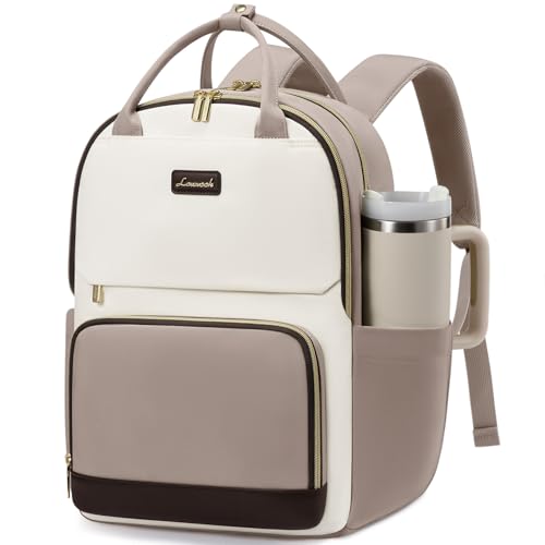 Image of LOVEVOOK Laptop Backpack for Women with Giant Tumbler Holder Pocket, 15.6 inch Travel Work Backpack Purse for Teacher Nurse, Waterproof College Book Bag Cute Casual Daypack, Beige-Nude