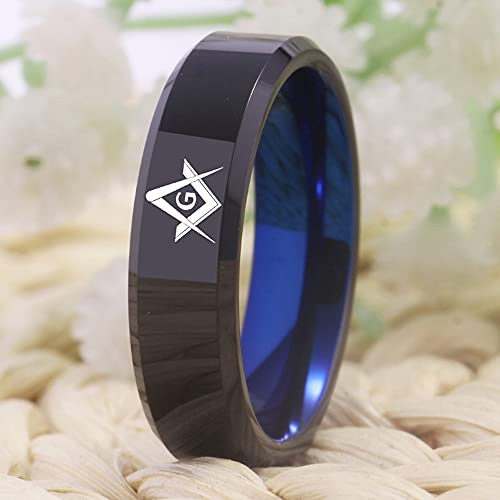 Masonic Freemason Compass Square Ring - 4mm/6mm Black Bevel Polished Finished and Blue Inside Tungsten Carbide - Free Customized Engraving2
