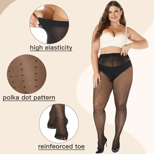 MANZI Plus Size Sheer Pantyhose for Women Black Polka Dot Tights Patterned 20D Sexy Stockings3