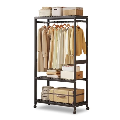 Simcat ハンガーラック コートハンガー 物干しラック ワードローブ 木製 頑丈 キャスター付き フック付き 棚付き 耐荷重100kg 洋服掛け 衣類収納 部屋干し 衣類ハンガー 寝室/玄関/家庭用 組立簡単 省スペース 大容量 倒れにくい土台 (ブラ