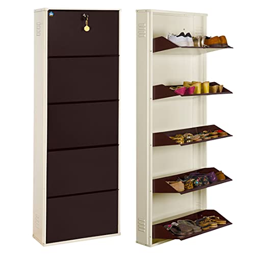 Image of DELITE KOM 24 Inch Wide, 5 Shelf Metal Shoe Rack Wall Mounted for Home with Central Lock Holds Upto 15 Shoes or 25 Slippers Pair | 1 Year Warranty | (67 x 24 x 5 Inch, Ivory Coffee) DIY Space Saving