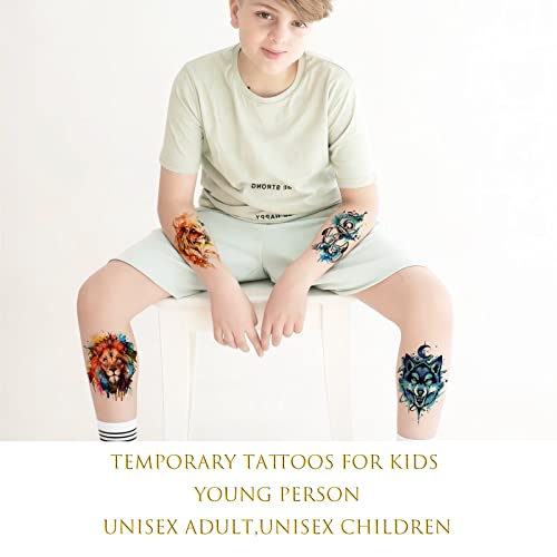48 Watercolor Temporary Tattoos For Adult And Kids,Arm Tattoo, Body Tattoo, Watercolor Lion Wolf Mermaid Cat Tiger,Waterproof Temporary Tattoos Realistic For Women Girls And Kids, #TOP5