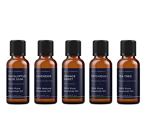 Mystic Moments | Favourite Essential Oil Gift Starter Pack 5x50ml | 5 x Pure Aromatherapy Oils – Eucalyptus Blue Gum, Lavender, Orange Sweet, Patchouli & Tea Tree | Versatile Home Fragrance