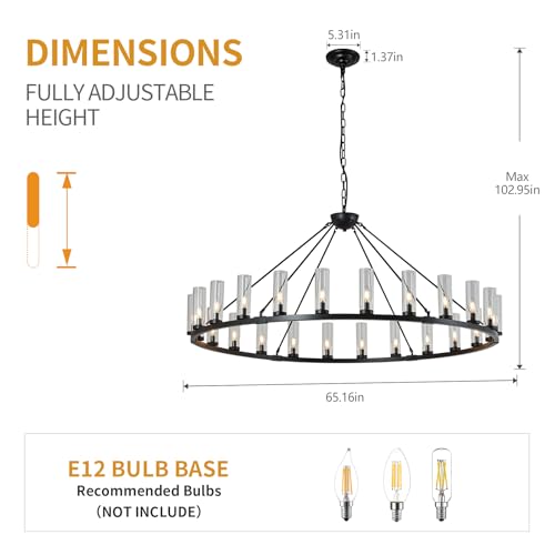 Image of 24 Light Large Wagon Wheel Chandelier with Clear Glass Shade Black Round Pendant Light Farmhouse Industrial Chandeliers Dining Room Light Fixture for Stair Living Room Foyer Kitchen
