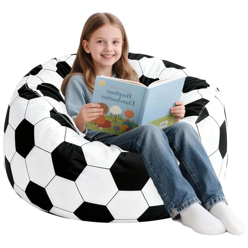 Aucern 2.5 Ft Soccer Bean Bag Chair for Kids with Memory Foam Filling Bean Bag Chair with Soft Velvet Cover Bean Bag Sofa Couch for Living Room Birthday Gift for Boys Girls X-Large