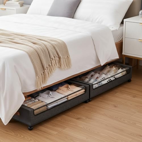 Image of PrettyKrafts Underbed storage box with wheels and lid Metal Frame Non-Woven Fabric use for home bedroom Rolling Organizer for Clothes Shoes Toys Blankets Space Saving Solution (Pack of 1), Grey