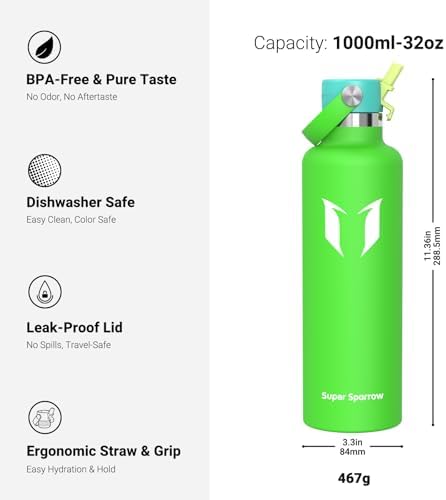 Super Sparrow Insulated Water Bottle - 17 Oz / 25 Oz / 34 Oz - Standard Mouth FlipFlow Flask - BPA Free, Leak Proof Drink Bottle- Ergonomic Straw Water Bottles for Work, Gym, Travel, Sports - View 5