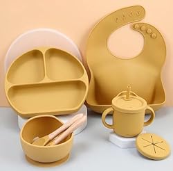Upgrade Your Baby's Mealtime with our 9-Piece Silicone Baby Feeding Set - Includes Bib, Plate, Bowl, Cup, Lids