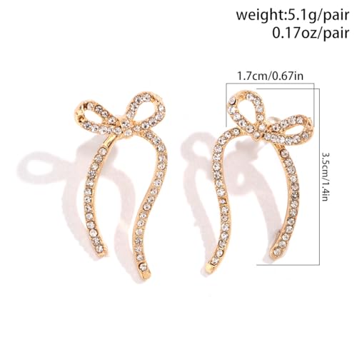 Gold Sparkly Rhinestone Bow Earrings for Women,Long Chain Bowknot Tassel Drop Dangle Earrings Jewelry for Gifts Party,Trendy Crystal Studs Earrings3