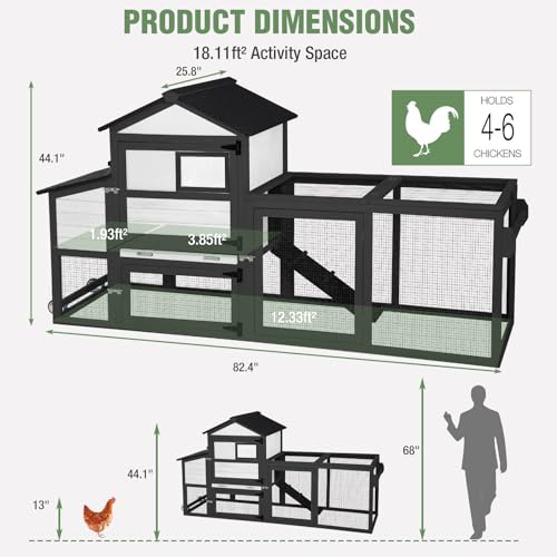 Image of Mobile Chicken Coop with Wheels, Large Outdoor Hen House with Run for 4-6 Chickens, Weatherproof Asphalt Roof, Sectionable Nesting Box & Pull-Out Tray, 82.4 inch L x 25.8 inch W x 44.1 inch H - Black
