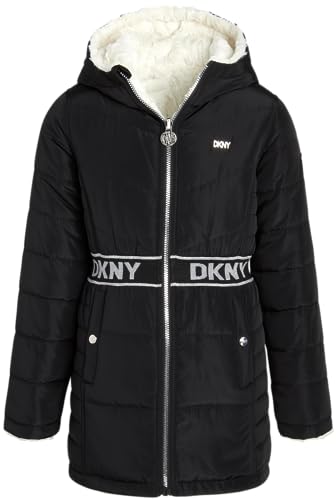 Dkny Girls Hooded Reversible Jacket - Nylon Puffer Or Sherpa Lined Coat, Size 7/8, Black Cream #TOP11