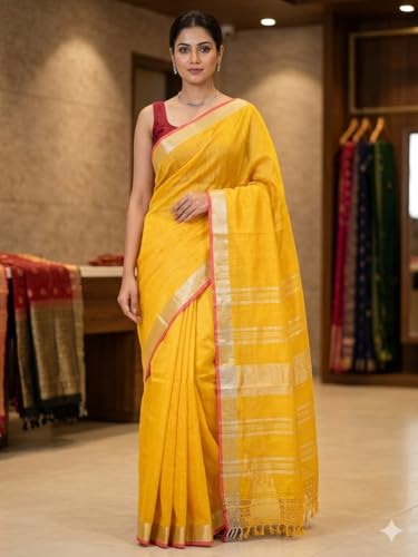 Image of STB-SILK TEXTILES BHAGALPUR Women's Linen Slub Saree With Contrast Blouse Piece