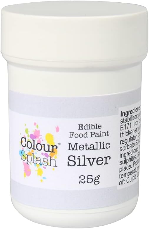 COLOUR SPLASH Edible Food Paint, Metallic Colouring, Cake Decorating Paints, Ready To Use, Add Sparkle To Cake & Decoration, Suitable For Sugar Paste, Marzipan & Modelling Pastes - Metallic Silver 25g