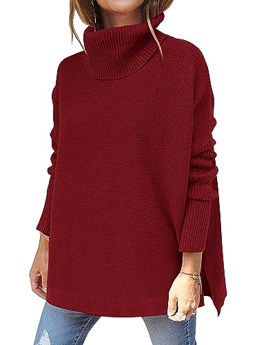 Hormtaer Pullover Damen Winter Rollkragenpullover Warm Oversized Strickpullover Rollkragen Stricken Pulli Grobstrickpullover Sport Sweatshirt Casual Lose Langarm Oberteile (Weinrot, S)