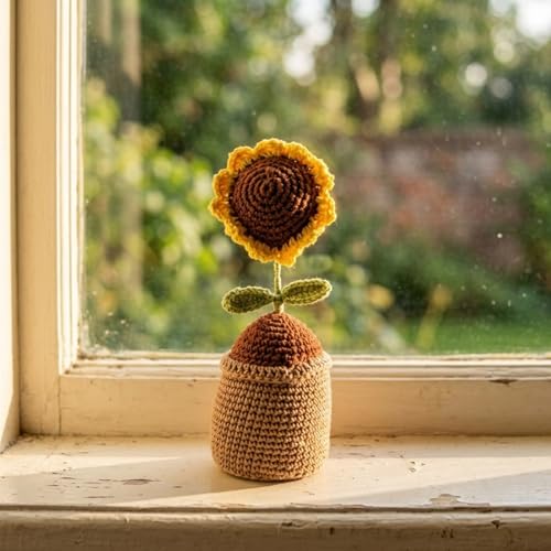 Image of eCraftIndia Brown Artificial Handmade Crochet Sunflower with Pot for Table Decor Car Dashboard Home Office Decoration Item