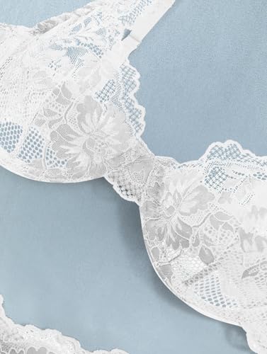 Image of Lilosy Sexy Floral Lace Scallop Underwire Push Up Sheer Lingerie Set Outfits