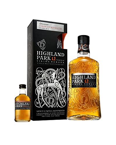 Highland Park 12 Jahre mit Cask Strength Miniaturflasche - mit Geschenkverpackung - Viking Honour - Single Malt Scotch Whisky - vollmundiger, rauchiger Geschmack - 40 % Vol - 700 ml Einzelflasche