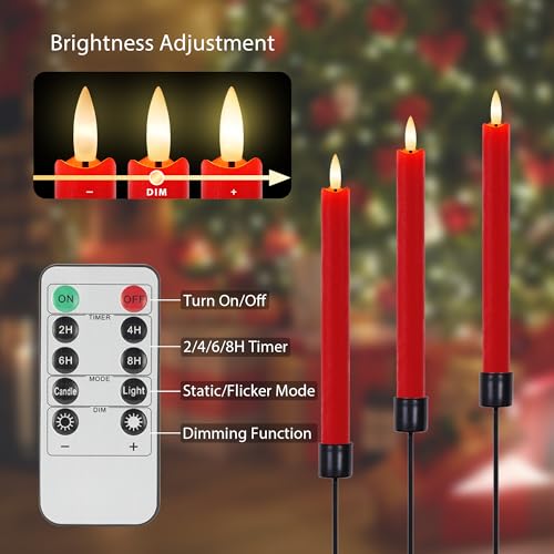 Image of Red Flameless Taper Candles 9.6 inch Christmas LED Candles Real Wax with Remote Timer, Battery Operated LED Candles Set with 3D Flickering Flame, Classic Flickering Candlesticks for Home, Party, 6 Pack
