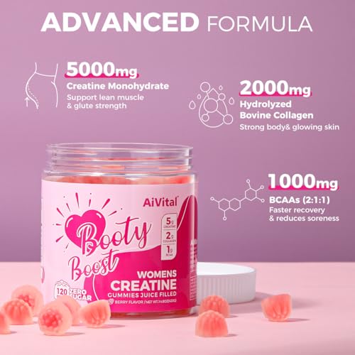 AiVital™ Creatine Gummies for Women, 5000mg Creatine Monohydrate for Women+2000mg Collagen+1000mg BCAAs, Supports Lean Muscles & Booty, No Sugar, 30 Serving, 120 Counts, Berry Flavor,