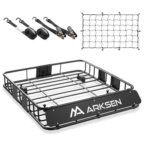 ARKSEN 43" x 39" x 6" Roof Rack Basket with Extension, Cargo Net & Ratchet Straps, 150 lb Heavy-Duty Steel Cargo Carrier, Fits Crossbars up to 1.38" T