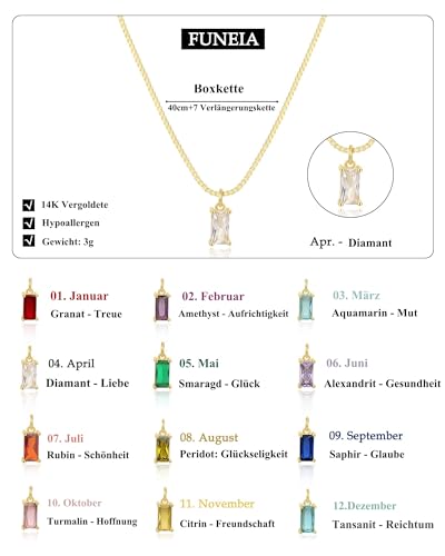 FUNEIA Kette Damen 14K Vergoldete/925 Sterling Silber mit Geburtsstein Anhänger Halskette Gold Silber Exquisit Frau Mädchen Mama Schmuck Geburtstag Hochzeitstag Valentinstag Muttertags Geschenk