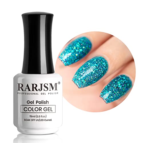 RARJSM Glitter Gel Nail Polish Lake Blue Sparkly Iridescent Rainbow Mermaid Blue Shimmer Holographic Nail Gel Polish Soak off L e d U V Curing Required High Pigments for Home Manicure Nail Art 15ml