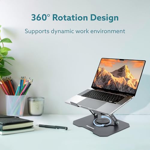 Image of AGARO Metal Laptop Stand, 360 Rotating, Ergonomic, Height & Angle Adjustmentable, Foldable Laptop Holder with Heat Vents & Anti-slip SiliconePads, Compatible to Macbook,HP,Lenevo, & Laptops up to 18 inch