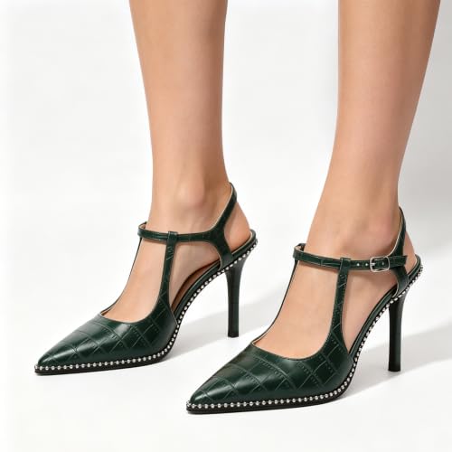 Image of SAMMITOP Womens High Heels Ankle Strap Pointed Toe Stilettos Patent Leather Beaded Pumps Dress Shoes 3.5 Inch