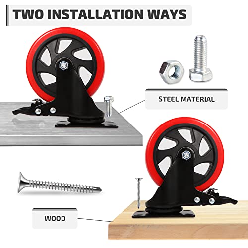 Nefish Swivel Caster Wheel For Cart, 5 Inch Industrial Casters Set Of 4 - Heavy Duty Top Plate Casters With Brake 2200 Lbs, 360 Degree Polyurethane Wheels For Cart, Trolleys, Furniture, Equipment #TOP4