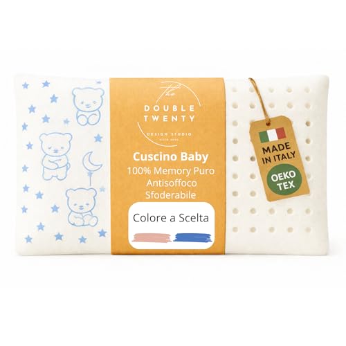 The Double Twenty Cuscino Baby in Memory Foam, ideale per culla e Bambini fino a 5 anni, Federa ipoallergenica,Modello a Saponetta forata Antisoffoco (Blu)