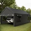 Shintenchi 10x18.5ft Heavy Duty Carport, Portable Garage with Removable Sidewall, Doors and Ventilated Windows, All-Season Tarp, UV Resistant Waterproof Carport Canopy for Outdoor (Grey)