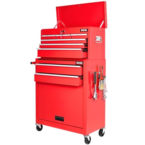 Excel Roller Tool Chest Cabinet 8 Drawers Storage Toolbox Red - Rolling Toolbox with Wheels, Handle, Pegboard, Hooks, Lockable Design - Heavy-Duty Steel Construction