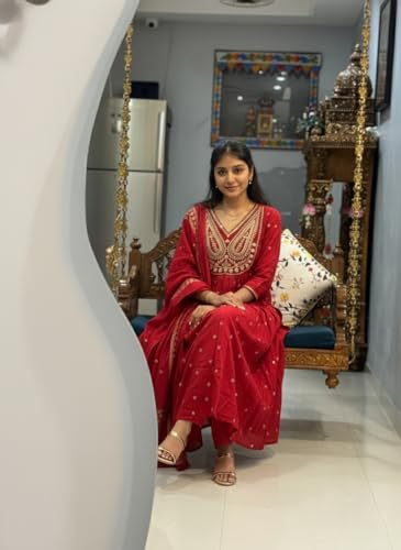 Image of ANNI Designer Women's Rayon Viscose Printed Embroidered Anarkali Kurta with Pant & Dupatta | Ethnic Kurti Set with Embroidery | Soft Comfortable Fabric | Stylish Outfit for Festive, Office